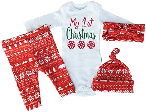 BABEMOON 4pcs Bodysuits&amp;Leggings&amp;Hat&amp;Hairband Set,Babys My 1st Christmas