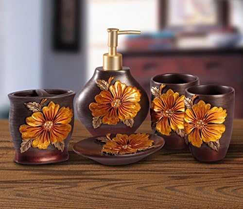 European Minimalist 5PCS Wedding Housewarming Gift 3D Brown Floral Bathroom Accessories Set