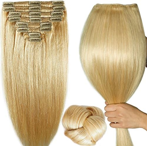 Thick 16" 130g Clip in Remy Human Hair Extensions Double Weft Full Head 8pcs #613 Bleach Blonde