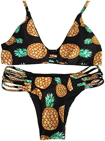 Teeta(TM) Women's Pineapple Fruit Print Two Piece Bikini Set Swimwear Swimsuit (XL, black)