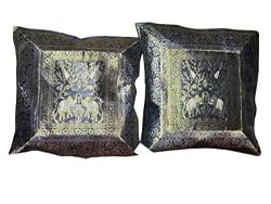 2 Midnight Blue Elephant Silk Sari Indian Toss Pillow Cushion Covers 16x16 Inch