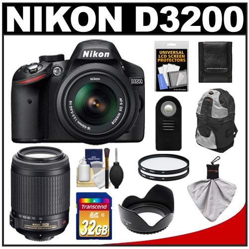 Nikon D3200 Digital SLR Camera & 18-55mm G VR DX AF-S Zoom Lens (Black) with 55-200mm VR Lens + 32GB Card + Backpack + Filters + Remote + Accessory Kit