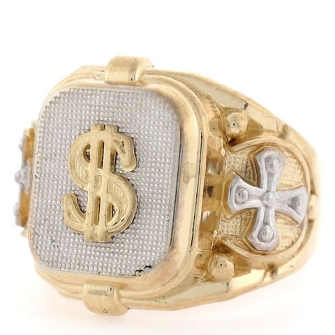 10k Two-tone Gold Religious Cross Dollar Mens Ring