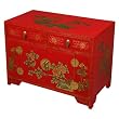 Handmade Asian Furniture - 24" Red & Gold Storage Cabinet / End Table W Painted Peony Design