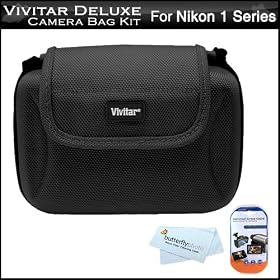 Vivitar Deluxe Compact Hard Shell Camera Bag / Case For Nikon 1 J1, Nikon 1 V1, Mirrorles Digital Camera + LCD Screen Protectors + MicroFiber Cleaning Cloth