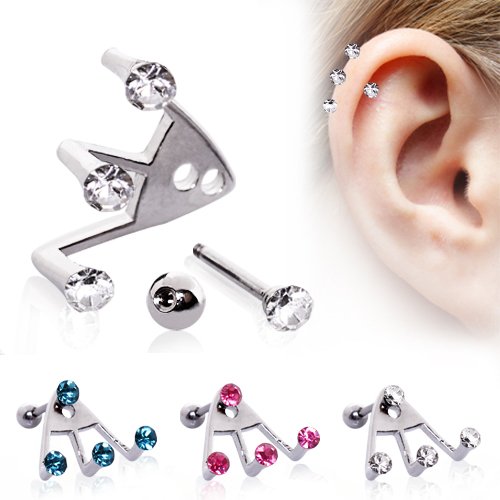 Ear Cartilage Ring Stud Jewelry Triple Trident Lobe Earring Round CZ 18G