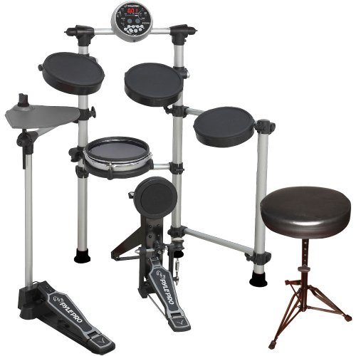 Pyle Electric Drum Set and Bench Package - PED06 High Performance Digital Drum Set (Pair) - PKST50 Double Braced Folding Padded Drum Throne - Keyboard Bench - Guitar Stool