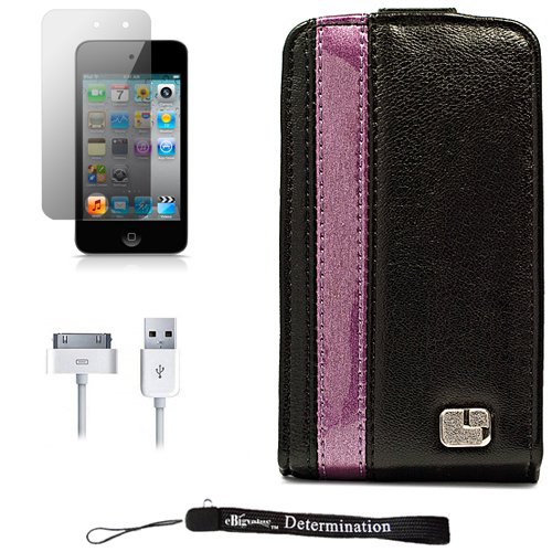 Black with Purple Stripe Deluxe Wallet Leather Protector with Stand Alone Design / Vertical and Landscape Mode Feature on Cover Case for New Apple iPod Touch 4 ( 4th Generation 8GB 16GB 32GB ) + Includes Anti Glare Screen Protector Guard + Includes a USB 