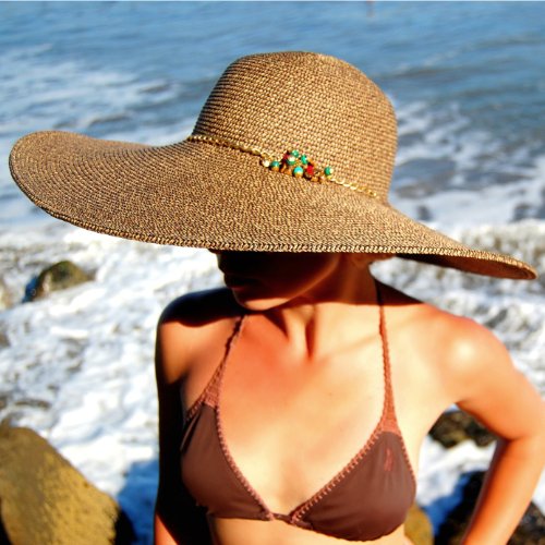 02032 Dashenka Co. Women's Wide Brim Hat (Beige) -- DUBAI Rubies, Malachite & Tiger's Eye