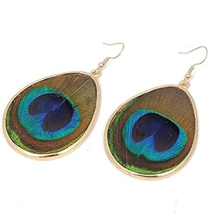 Gold Oval Green Peacock Plume Waterdrop Dangle Hook Earrings