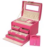 Jewelry Box Genuine Leather Hot Pink Large With Travel Case Rhinestone Buckle Bucasi