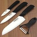 RIMON CERAMIC KNIVES SET (3" + 5" + 7" + PEELER) LOT OF 4 4PCS 3IN 5IN 7IN 3-INCH 5-INCH 7-INCH KITCHEN CUTLERY WHITE BLADE BLACK ABS HANDLE CHEFS PARING PEELING SLICING UTILITY SHARP CUTTING
