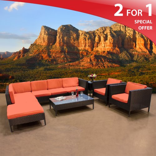 Rio Modern Outdoor Patio Wicker Sectional Furniture 9 Piece Set Tangerine