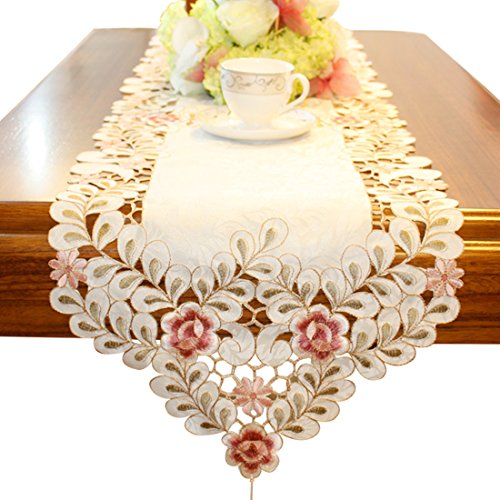 Flowers embroidered short satin floral table runner tap…