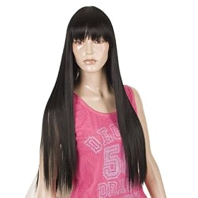 Noire longue perruque raide Dames | Coupe au rasoir |Frange emoussees |Cher, Lily Allen, Naomi Campbell Coiffure