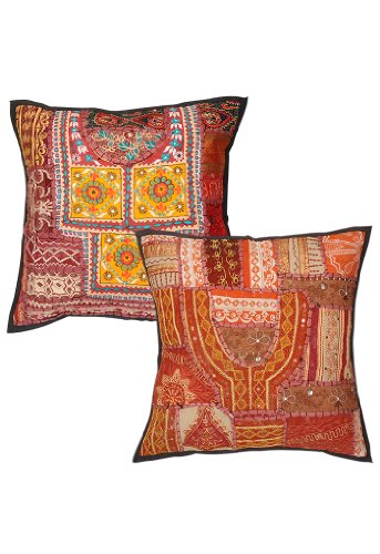 Imagen principal de Patchwork indio de algodón hecho a mano bordado Cojín Set Tamaño 16 x 16 pulgadas Juego de 2 piezas