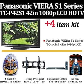 Brand New Panasonic VIERA S1 Series TC-P42S1 42-Inch 1080p Plasma HDTV With Panasonic Blu-Ray Bundle Includes + Panasonic DMP-BD60 BlueRay DVD Player + Super Flat Tilting Wall Mount + 2 Pack Of HDMI Cables + LCD Screen Cleaner + Free Ship