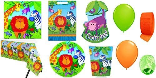 Jungle Animals Party Supplies for 16 This Includes Table Cover, Cups, Napkins, Plates, Treat Bags, Invitations, Stickers, Curling Ribbon, Streamer, &amp; Balloons - This Bundle Has 141 Pieces!