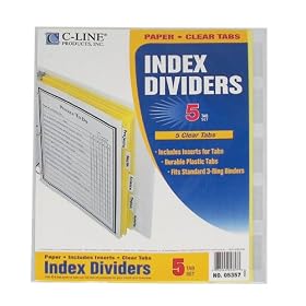 C-Line Clear Tab Paper Index Dividers, 5-Pack, Fits Standard 3-Ring Binder, 05357