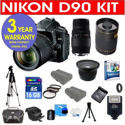 Nikon D90 12.3 MP Digital SLR Camera with 18-55mm f/3.5-5.6G AF-S DX VR Nikkor Zoom Lens + Sigma 70-300mm Telephoto Zoom Lens + Rokinon 500mm F/8 Lens with 2x Converter (=1000mm) + .42x Wide Angle Lens with Macro + 16 GB Memory Card + Multi-Coated 3 Piece Filter Kit + Digital Slave Flash + Corel MediaOne Plus Software + 11 Piece Accessory Kit + Deluxe Camera Case + 3 Year Warranty Repair Contract