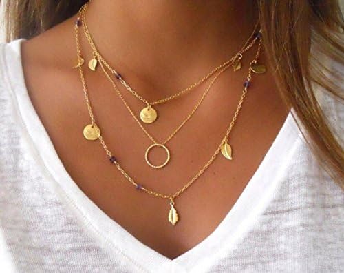 Lovyou Fashion Disc Leaves Circle Charms Purple Beads Gold Plated Long 3 Multi Layer Chain Necklace