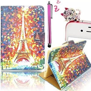 Vandot 3in1 Set for Galaxy Tab 3 Lite 7.0 PU Leather Flip Case with Colored Tower Patterned for Galaxy Tab 3 7.0 T110 / T111 / T113 / T116 7 inch with Stand Holder + Lovely 3D Bling Rhinestone Glitter Owl Anti Dust Plug and Metal Stylus Screen Writing Pen. (Leaf Tower)