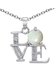 Candygem 925 Sterling Silver Simulated Round Opal Love Pendant