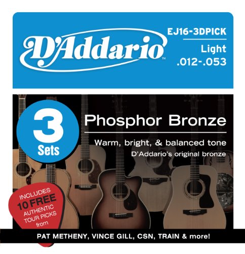 Best Acoustic Guitar Strings With D’Addario EJ16-3DPICK Phosphor Bronze Acoustic Guitar Strings – Light, 3 Sets with Collectable Artist Picks