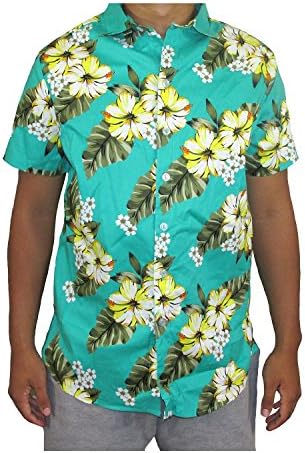 Men's Hawaiian Aloha Traditional Floral Button Down Shirt (Large, Green)