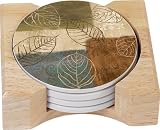 CounterArt Leaf Collage Design Round Absorbent Coasters in Wooden Holder, Set of 4