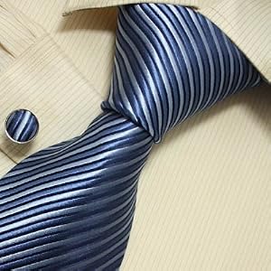 Blue Striped Tie For Men Dark Navy Handmade Discount Silk Ties Cuff Links Set A1057