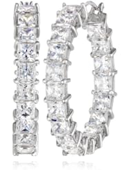 Sterling Silver Swarovski Zirconia 1" Princess Hoop Earrings