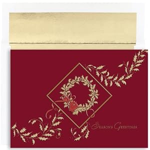 Holly Wreath On Burgundy Christmas Cards -