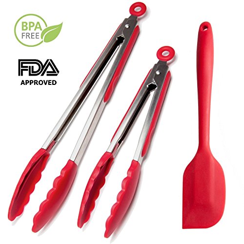 ★Premium★ Kitchen Cooking Silicone Tongs Set (Red, 9 & 12-inch) + Silicone Spatula (Red, 11-inch)