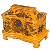Handmade Yellow Leather Painted Gold Peony Pagoda Shaped 12" Storage/Gift Box