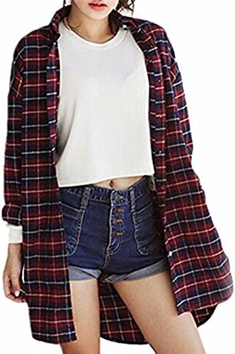 Herrew Women Casual Punk Button Down Lapel Plaid Checked Flannel Shirt Tops (Red,M)