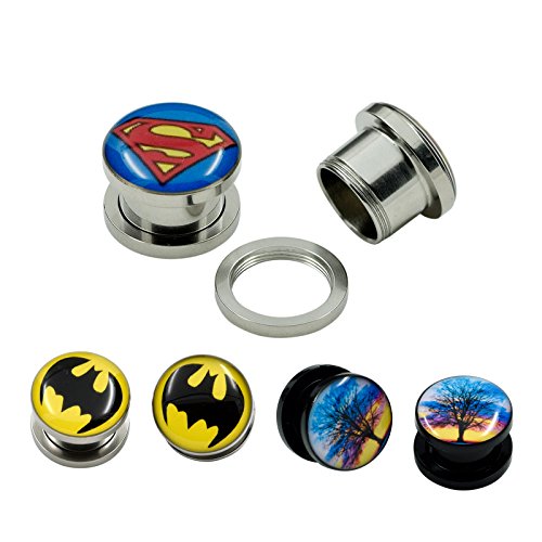 Longbeauty Acrylic Tree ,Stainless Steel Superman,Batman Screw Flesh Tunnel Ear Plug Total 3 Pairs