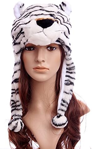 azazel Plush Faux Fur Animal Critter Hat Cap Warm Scarf Poms Ear Flaps (White Tiger)