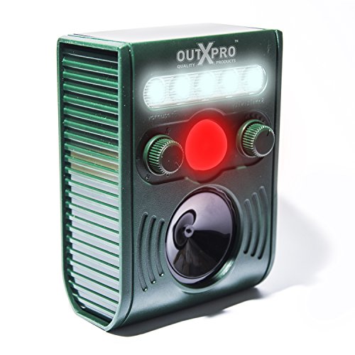 OUTXPRO Motion Activated PIR Ultrasonic Cat Dog Deer Pest Repeller, Solar Charged Distance and Frequence Adjustable Device