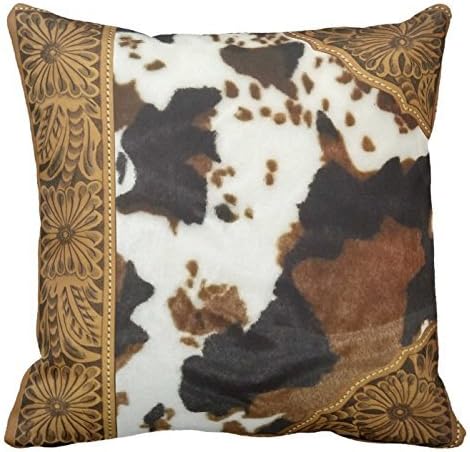 Tooled Leather And Spotted Cowhide Print Pillowcases Cotton Cushion Cover18" x18"