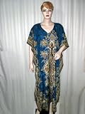 Free Ship Designer Bollywood Designer Blue Beige Satin Crepe Caftan Patio Resort Dress Wear L