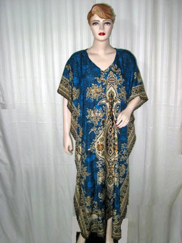 Free Ship Designer Bollywood Designer Blue Beige Satin Crepe Caftan Patio Resort Dress Wear L