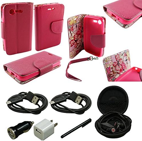 Mstechcorp(TM) For LG Optimus Fuel L34C / Zone 2 Candy Dual-Use Flip PU Leather Wallet Pouch Case +[Touch Screen Stylus] + [Hands Free Earphone With Carrying Case] + [Wall Charger Data Cable] + [Car Charger Data Cable] (JAPANESE FLOWERS)