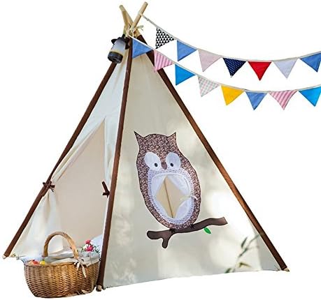 Petit Bella Cute Owl Kids India Teepee Tent Children Play Tent Canvas Canopy Play House Indoor Outdoor Camping One Window Preassemble Portable Cotton 8 Poles