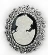 Large 2.5" Classic Black & White Victorian Cameo Lady Filigree Broach Pin with Antiqued Silver Finish