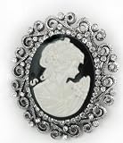Large 2.5" Classic Black & White Victorian Cameo Lady Filigree Broach Pin with Antiqued Silver Finish