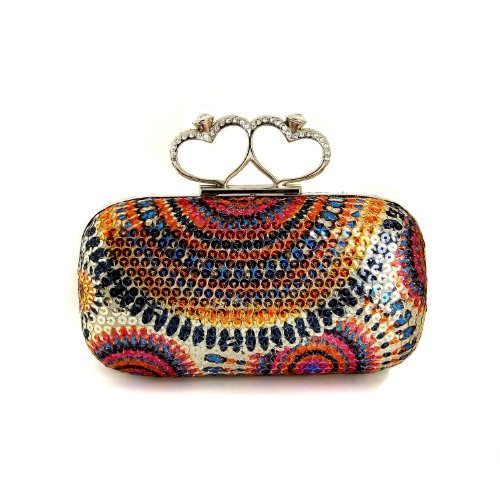 VERITA Sparkling Hard Box Double Heart Shape Clasp Closure Full Sequins Evening Clutch Crossbody Bag with Detachable Strap Rose red