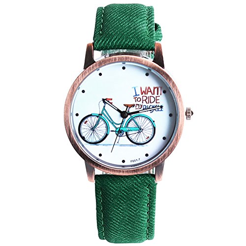 Sotijobs Unisex Outdoor Time Watch Bycicle Pattern PU Band Quartz Wrist Watches (green)