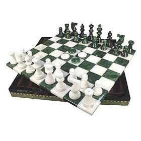 Green and White Alabaster Chess Set with Checkers in Inlaid Chest by 