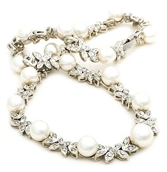 Silver-Tone White Pearl and Crystal Necklace by Margot Townsend, 16"